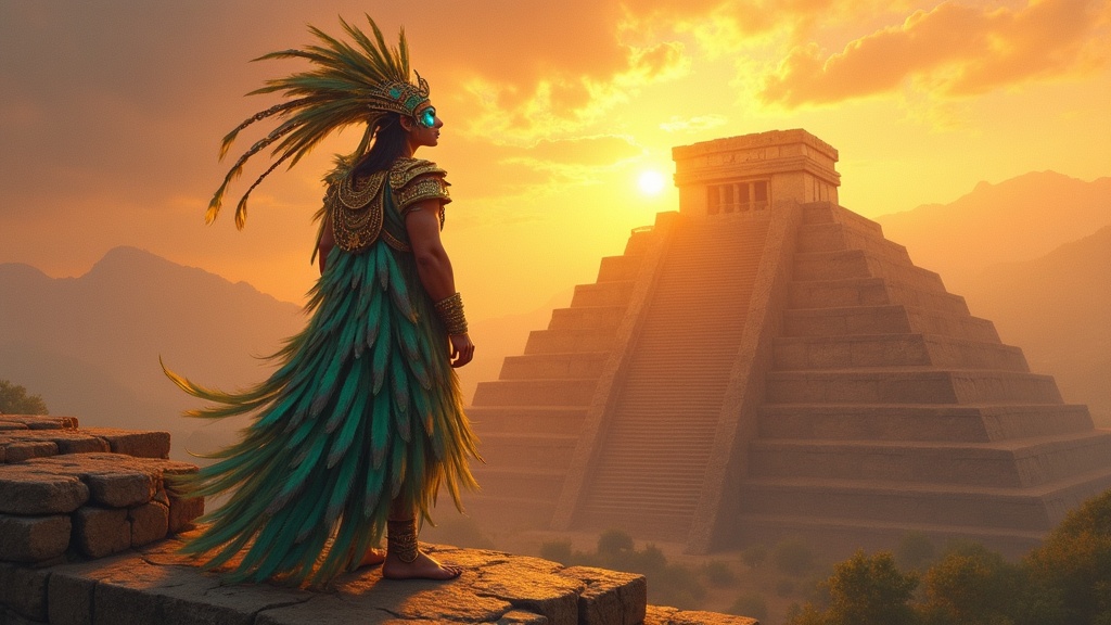 Toltec priest-king Ce Acatl Topiltzin Quetzalcoatl standing atop the Pyramid of Tula in feathered regalia at sunset