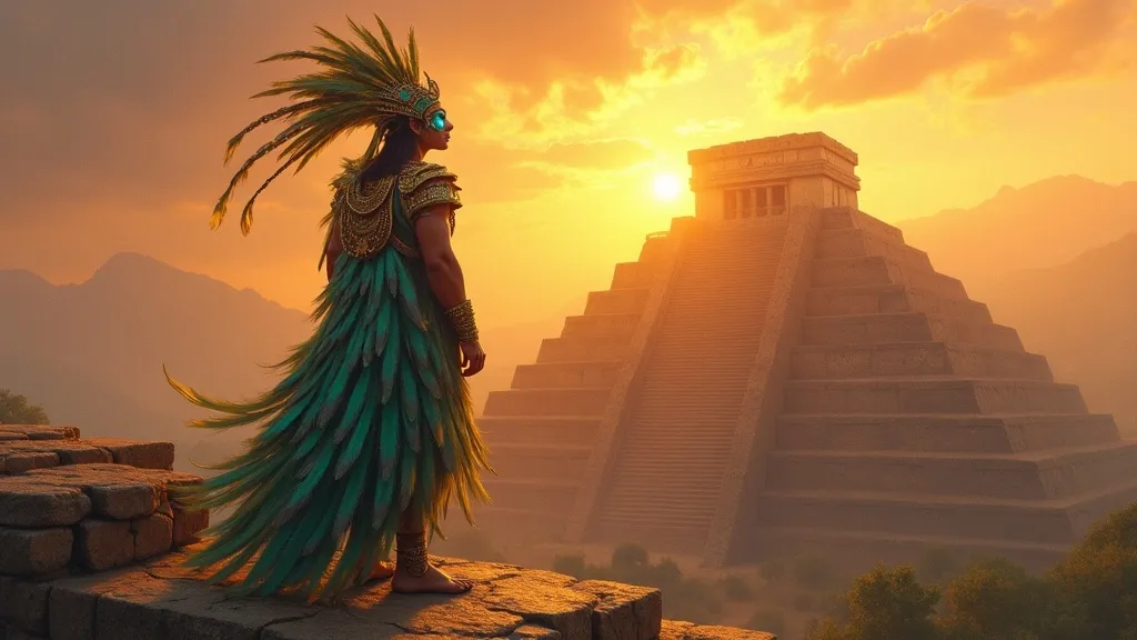 Toltec priest-king Ce Acatl Topiltzin Quetzalcoatl standing atop the Pyramid of Tula in feathered regalia at sunset