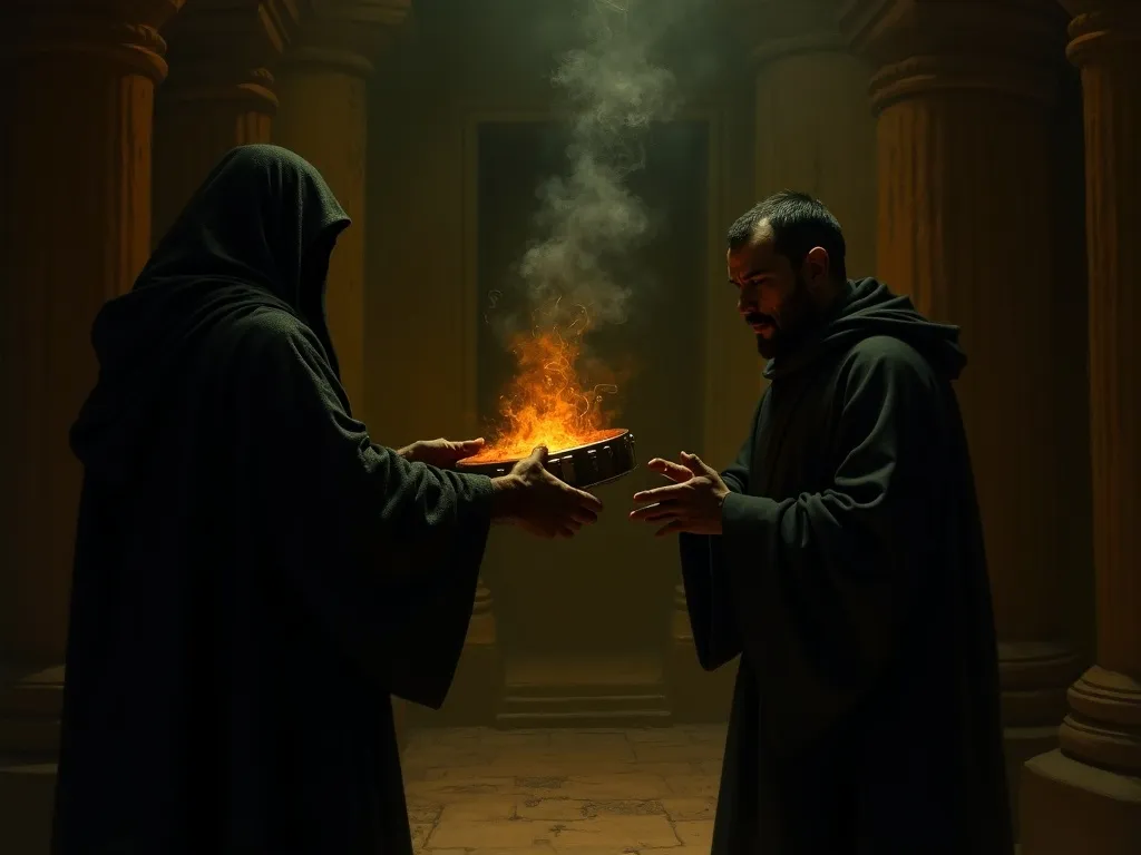 Tezcatlipoca presenting the smoking obsidian mirror to Topiltzin Quetzalcoatl in a Toltec temple