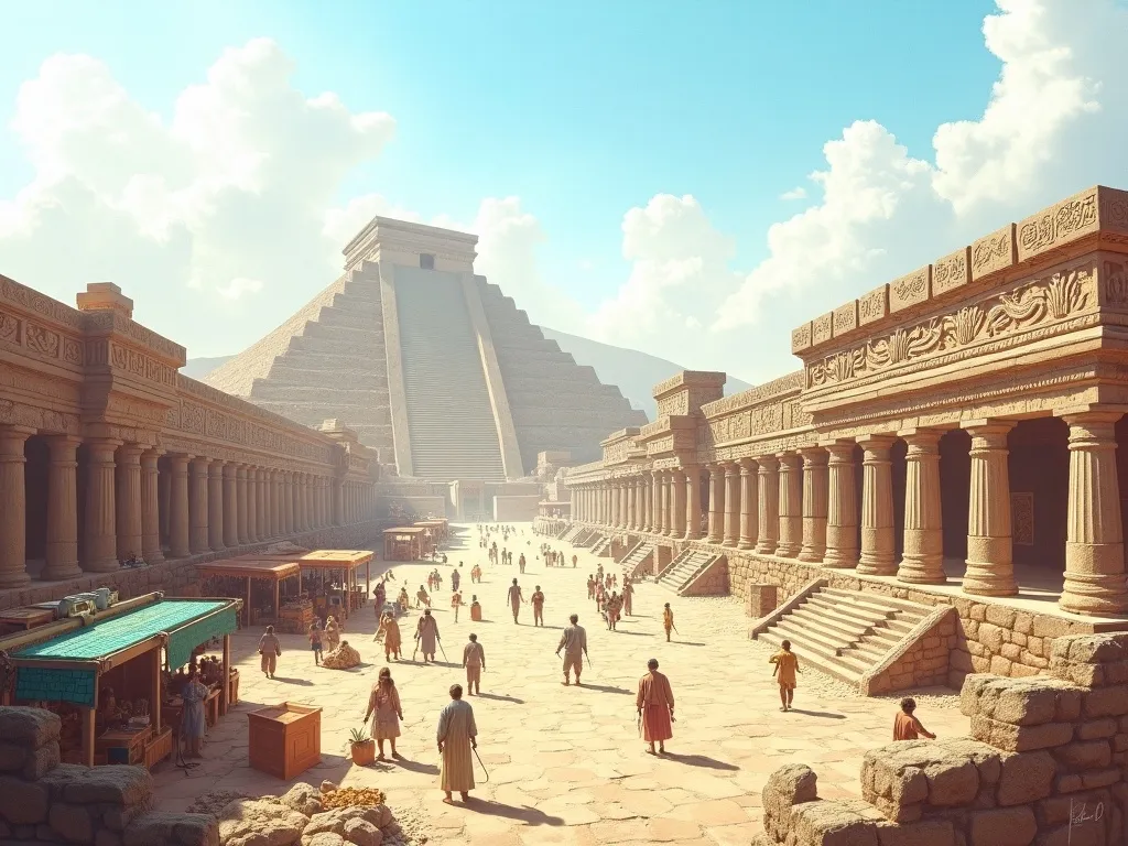 The ancient Toltec city of Tula at its height with pyramids, serpent carvings, and artisan workshops