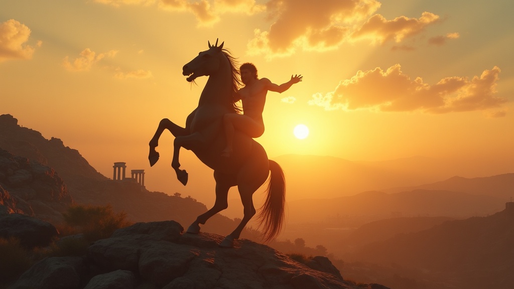 A centaur rearing against a sunset sky above ancient Greek ruins