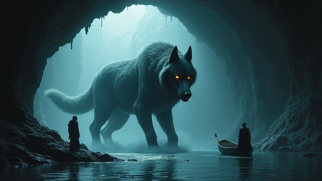 Cerberus the three-headed hound guarding the entrance to the Greek underworld, with amber eyes and serpents rising from his back