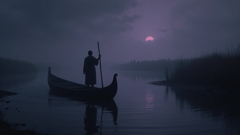 Charon the ferryman of the dead poling his skiff across the Acheron with ghostly souls on the bank