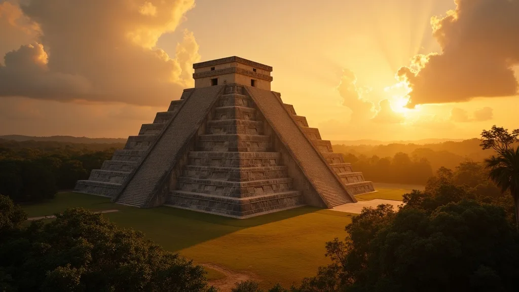El Castillo pyramid at Chichen Itza bathed in golden-hour light with the equinox serpent shadow on the northern staircase