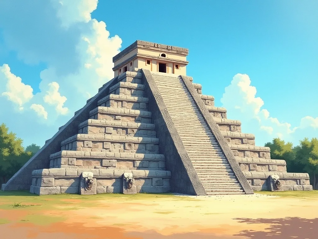El Castillo pyramid at Chichen Itza showing nine terraced platforms and stone serpent heads at the staircase base