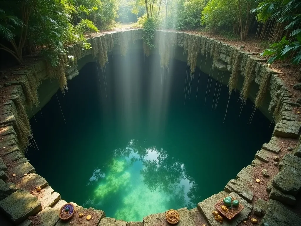 The Sacred Cenote of Chichen Itza, a deep sinkhole with green water used for ritual offerings