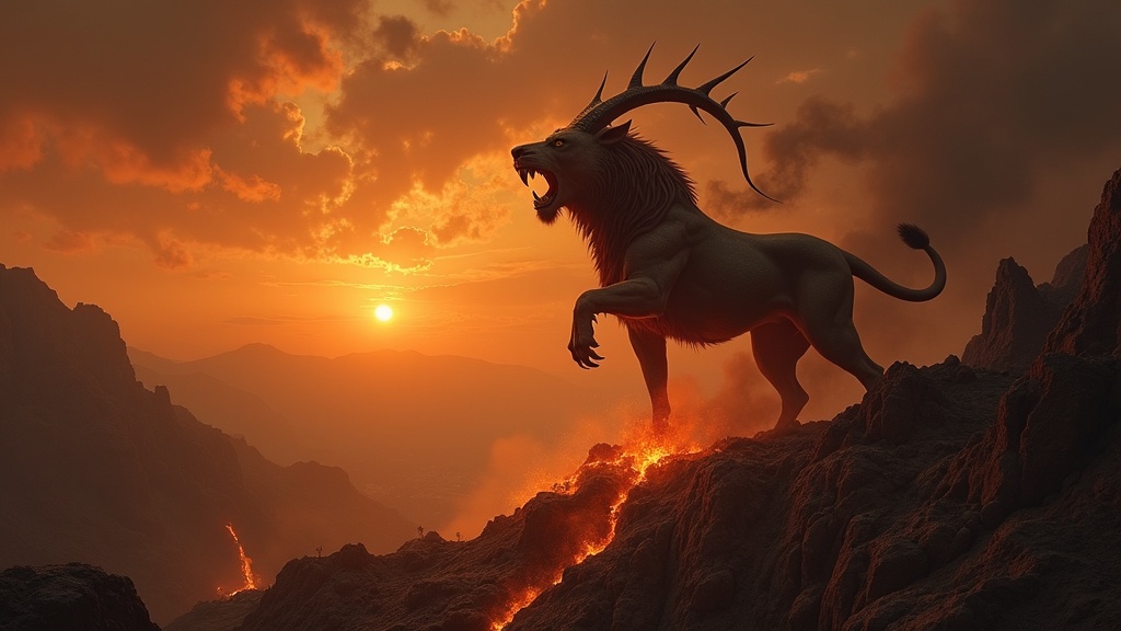The Chimera fire-breathing monster rearing against a volcanic Lycian sky
