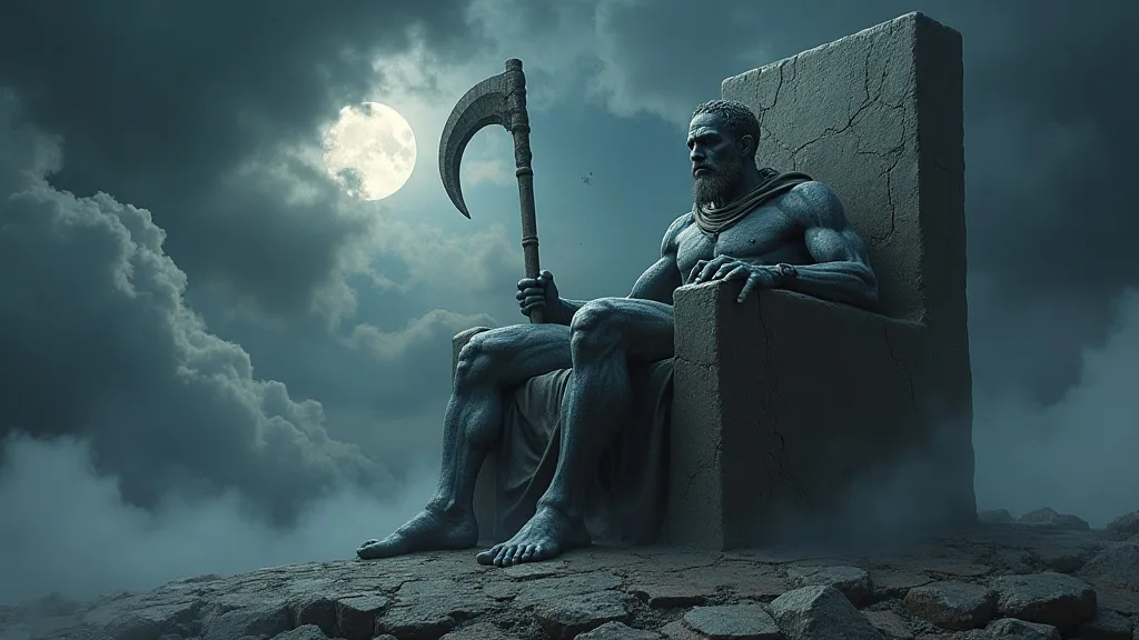 Cronus the Titan king enthroned beneath a storm-split sky, holding the flint sickle of Ouranos