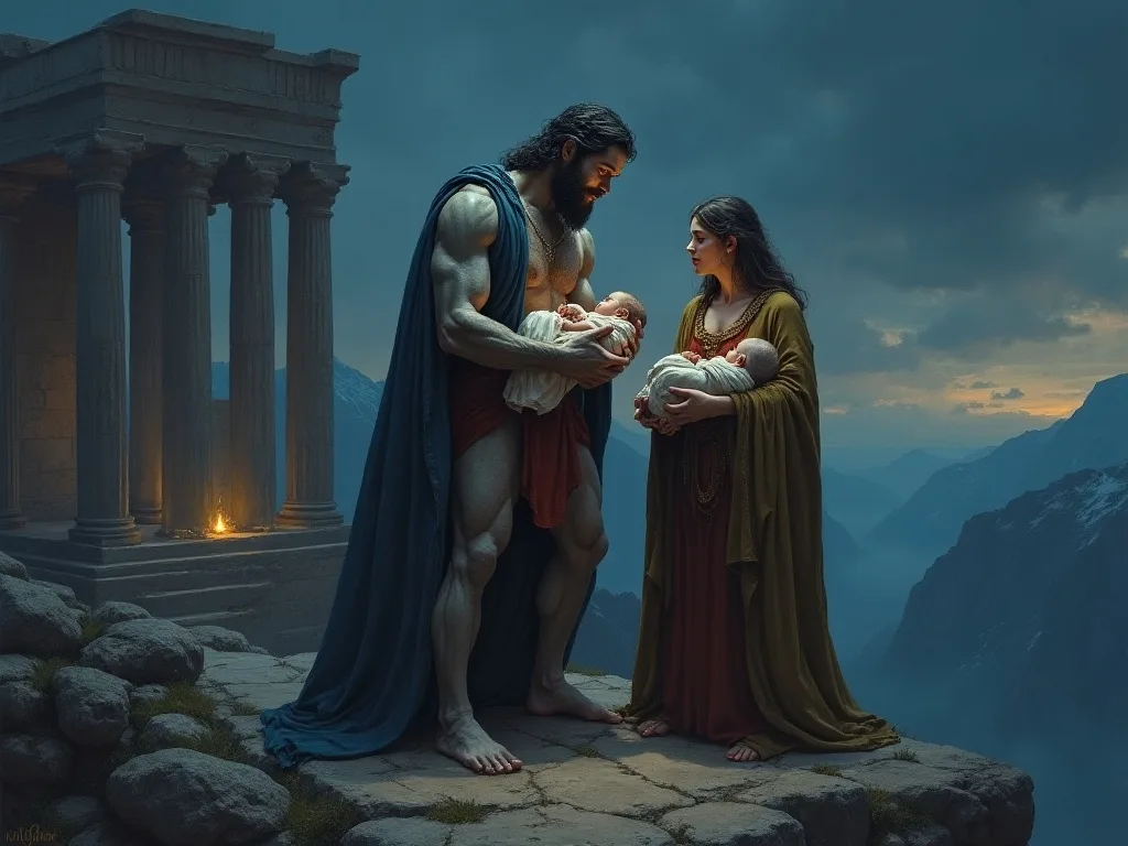 Cronus receiving an infant from Rhea on a dark mountainside