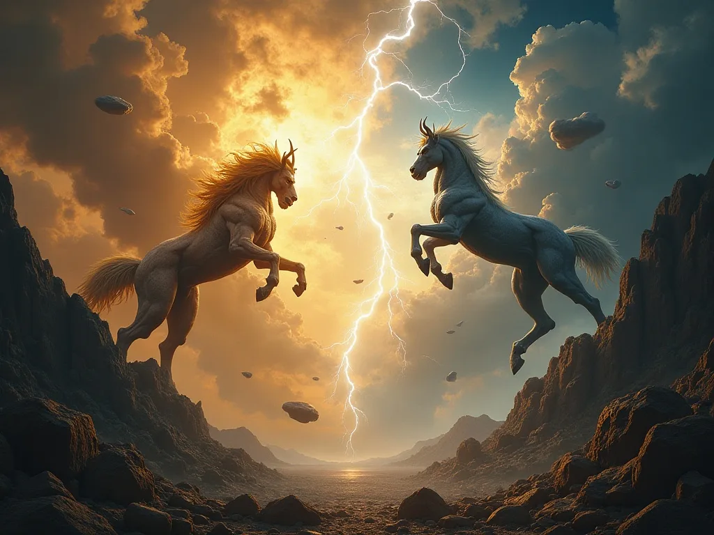The Titanomachy: Olympians and Titans clashing across two mountains