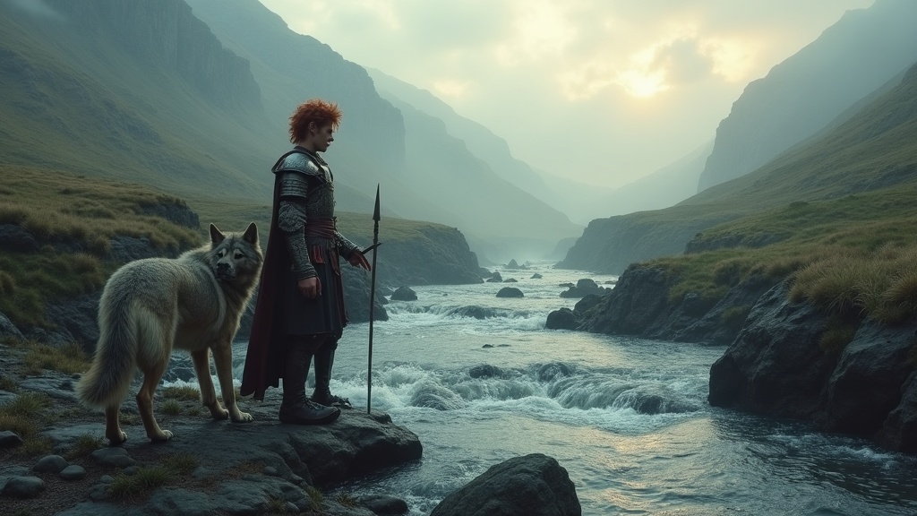 Cu Chulainn, the Hound of Ulster, standing at a ford at dawn with a wolfhound beside him