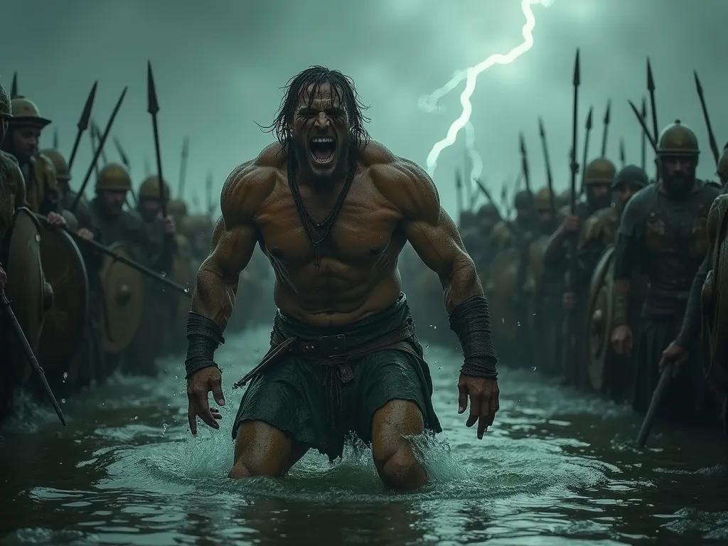 Cu Chulainn in the riastrad, the warp spasm, standing at the ford surrounded by fallen warriors