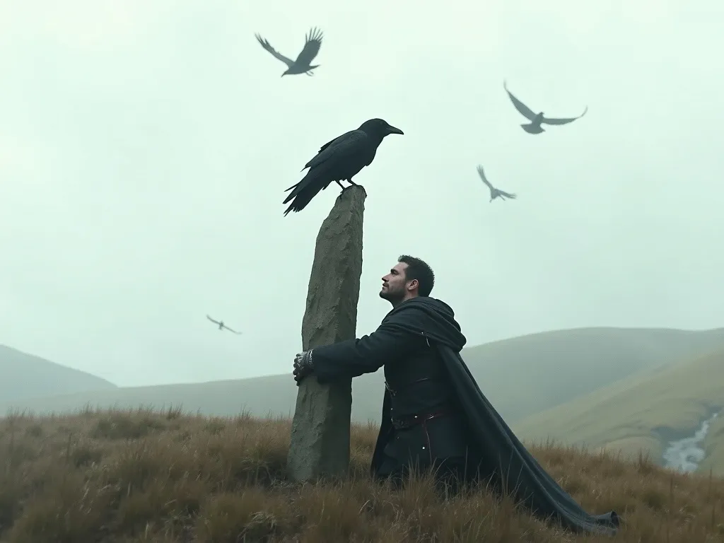 Cu Chulainn bound to a standing stone in his final moments, a crow on his shoulder