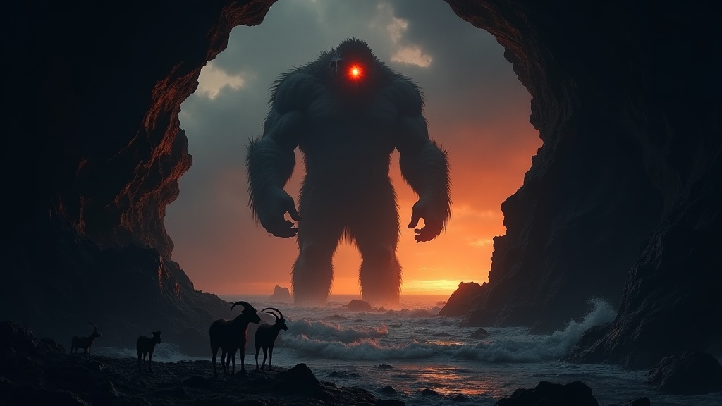 Polyphemus the Cyclops silhouetted at his cave entrance against a Mediterranean sunset