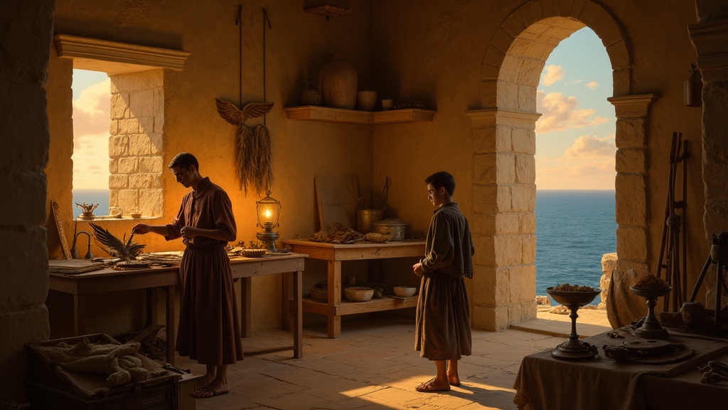 Daedalus constructing the wax-and-feather wings in his Cretan workshop, Icarus watching nearby