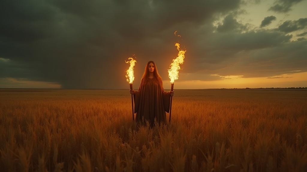 Demeter holding twin torches in a golden wheat field at dusk
