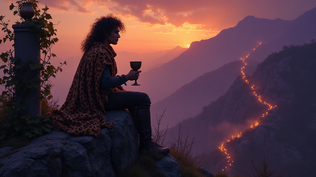 Dionysus seated on a rocky hillside at dusk, draped in a leopard skin, holding a bronze wine cup, grapevines around him
