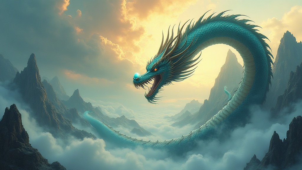 A vast celestial Chinese dragon coiling through storm clouds above misty mountain peaks, chasing a luminous pearl