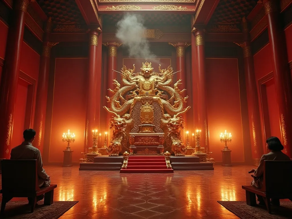 A Chinese imperial Dragon Throne chamber illuminated by candlelight with five-clawed dragon carvings covering every surface