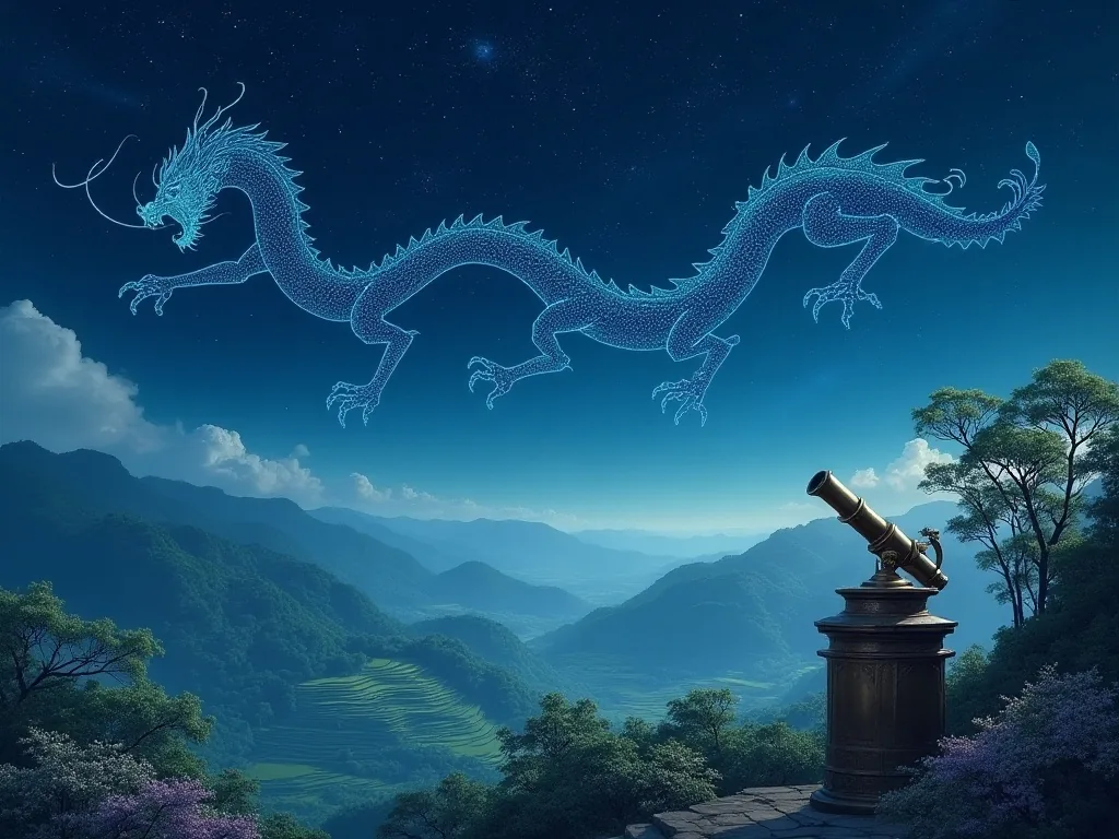 The Azure Dragon constellation Qinglong traced in glowing stars above a spring landscape with ancient Chinese bronze astronomical instruments
