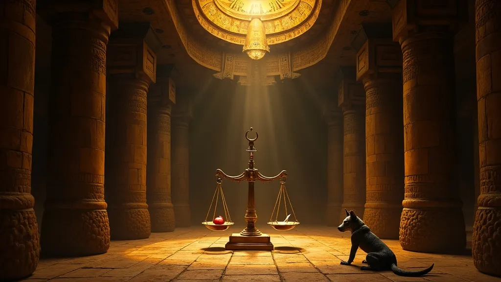 The Hall of Two Truths in the Egyptian Duat, Anubis weighing a heart against the feather of Ma'at while Ammit crouches nearby