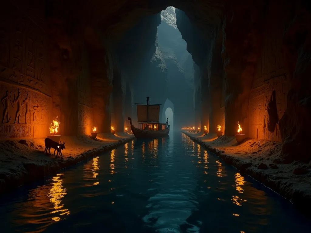 Ra's solar barque sailing through the first hours of the Duat, pulled by jackals through an underground river corridor