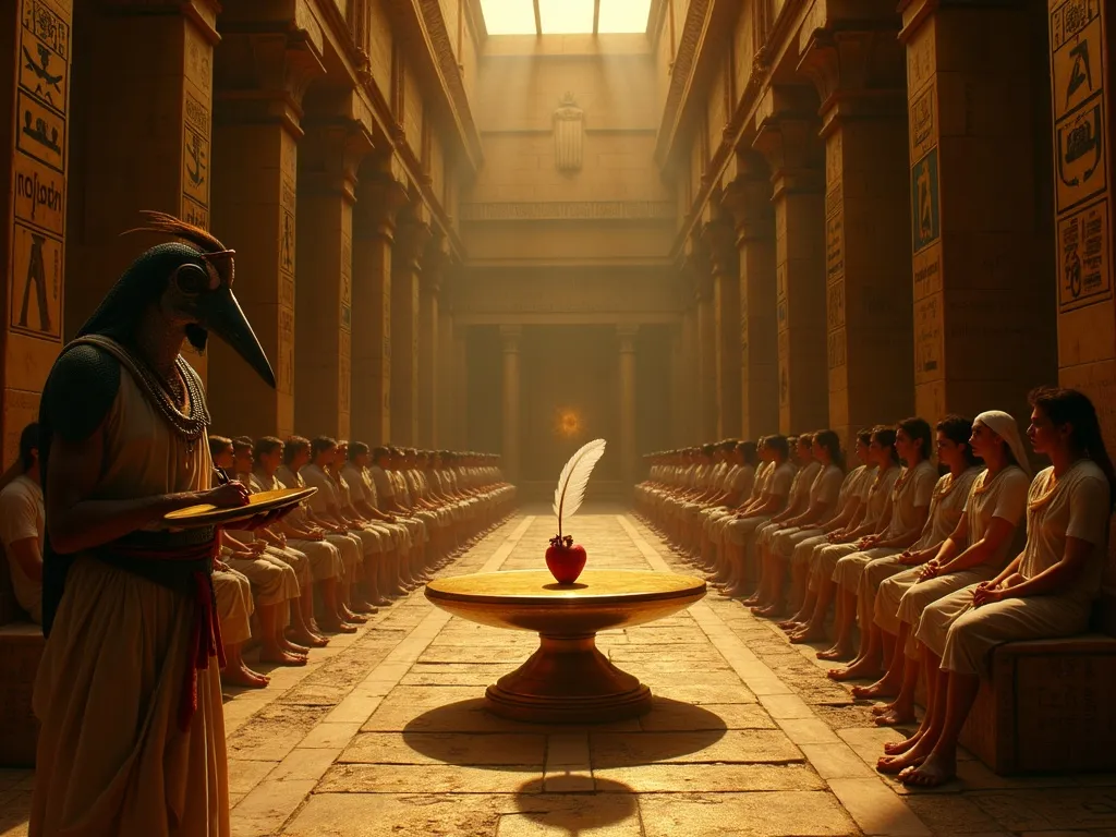 Thoth recording the verdict at the Weighing of the Heart while forty-two judges observe in the Hall of Two Truths
