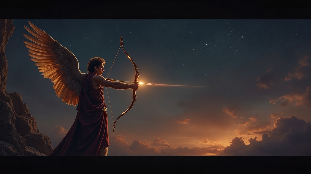 Eros god of desire drawing his golden bow against a twilight Olympian sky