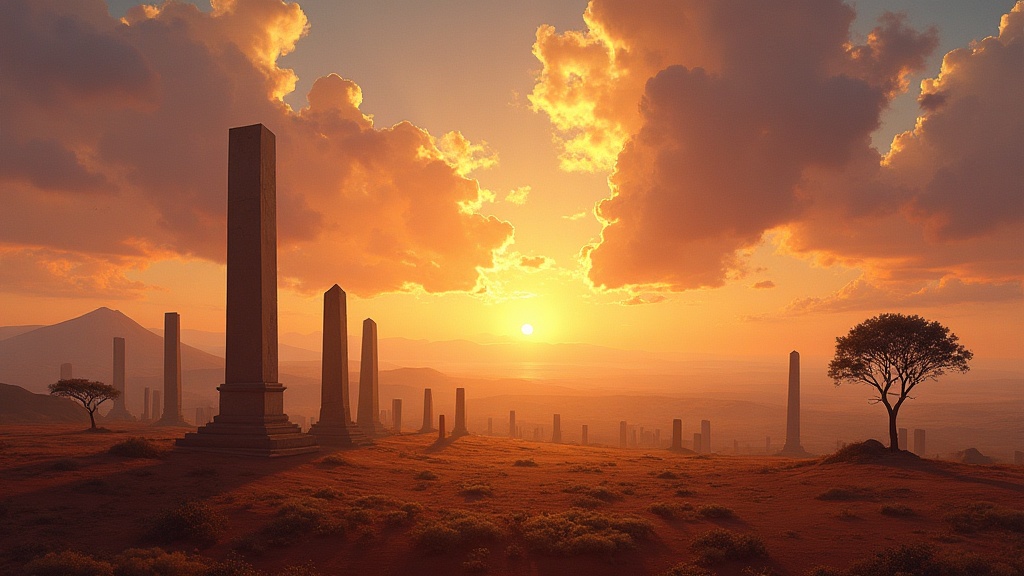 Ethiopian highlands at golden hour with ancient Axumite obelisks and a sacred amba mountain in the distance