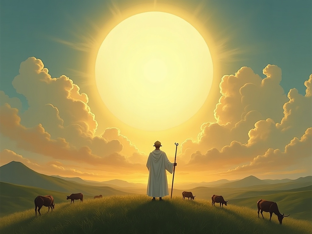 Oromo Qallu priest beneath a luminous sky representing Waaqa