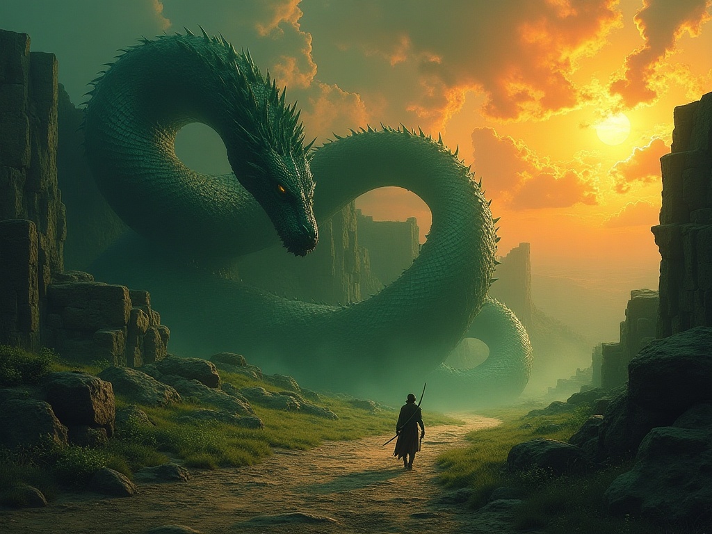 The mythic serpent Arwe coiled around an ancient Axumite palace at dusk