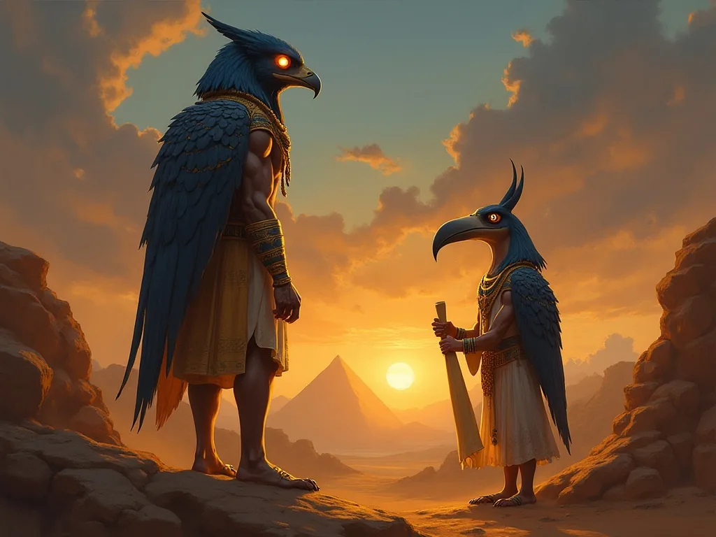 Falcon-headed Horus with restored eye standing beside ibis-headed Thoth in the Egyptian desert