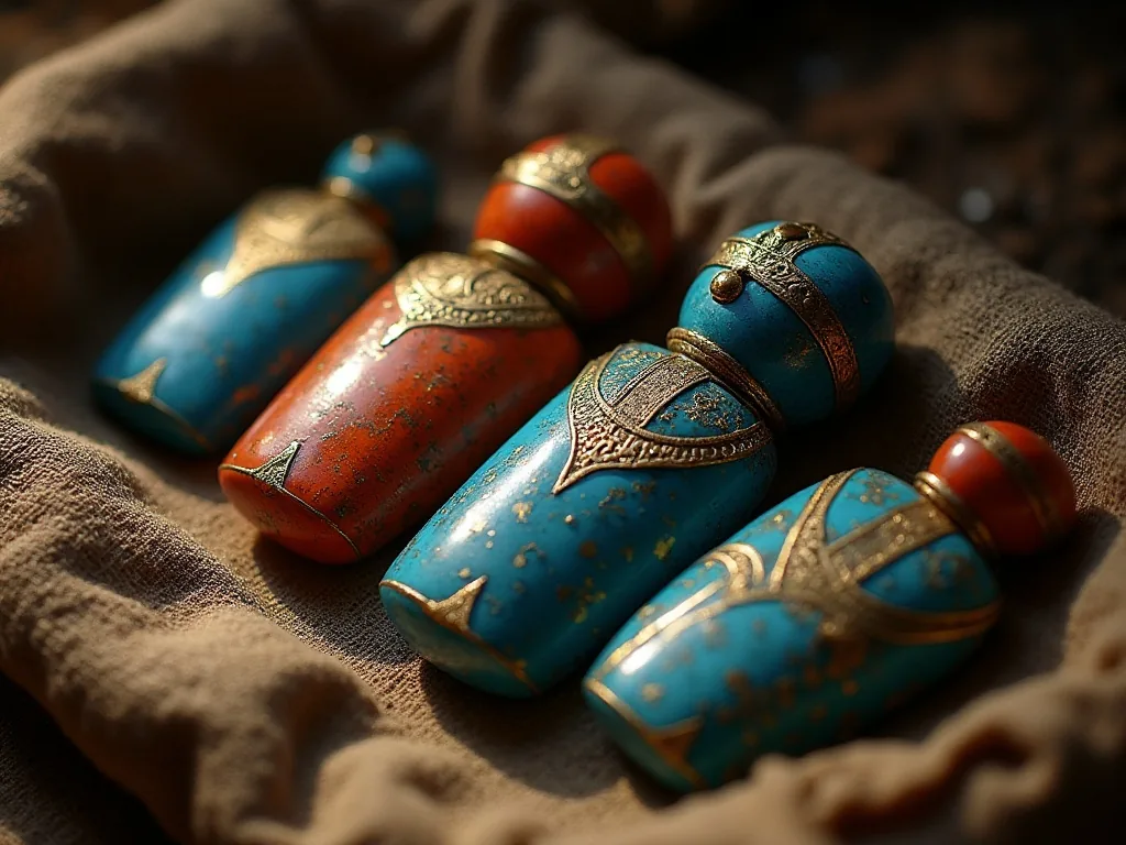 Collection of ancient Egyptian wedjat Eye of Horus amulets in faience and carnelian on dark linen