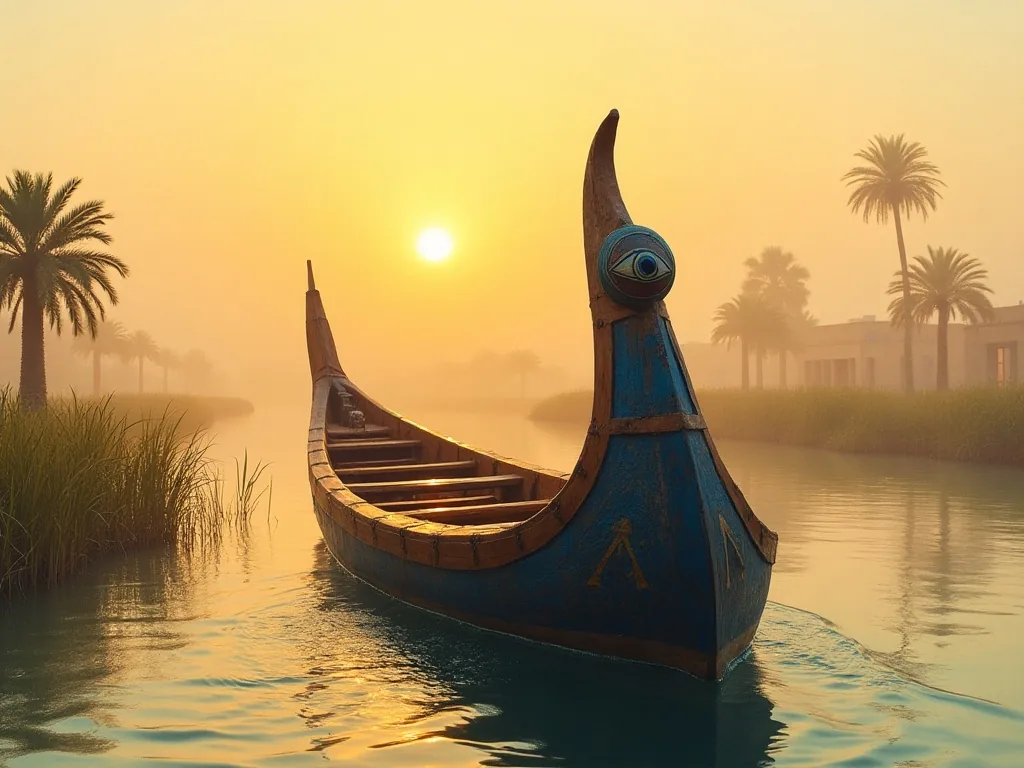 Ancient Egyptian wooden boat on the Nile with Eye of Horus painted on its prow at golden hour