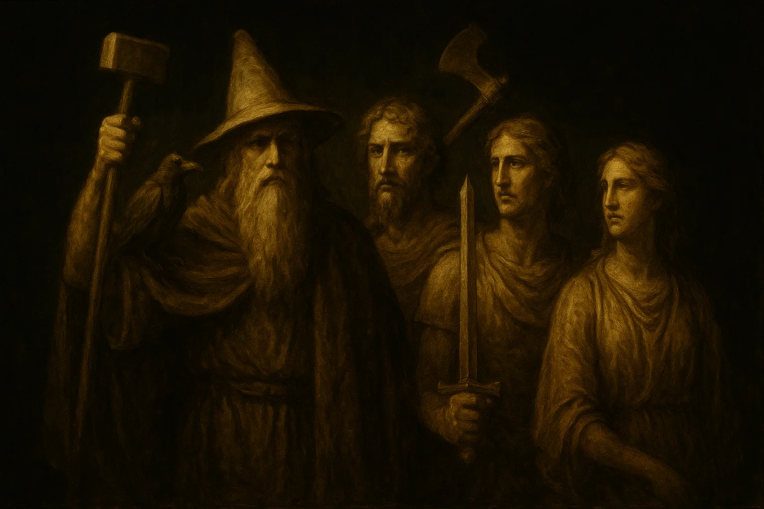 Illustration: The gods: Woden, Thunor, Tiw, and the rest
