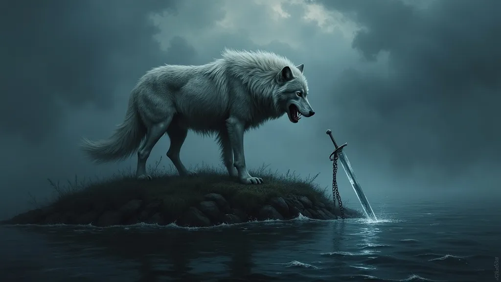 Fenrir the giant wolf bound on the island of Lyngvi, jaws forced open by a sword, wrapped in the magical ribbon Gleipnir