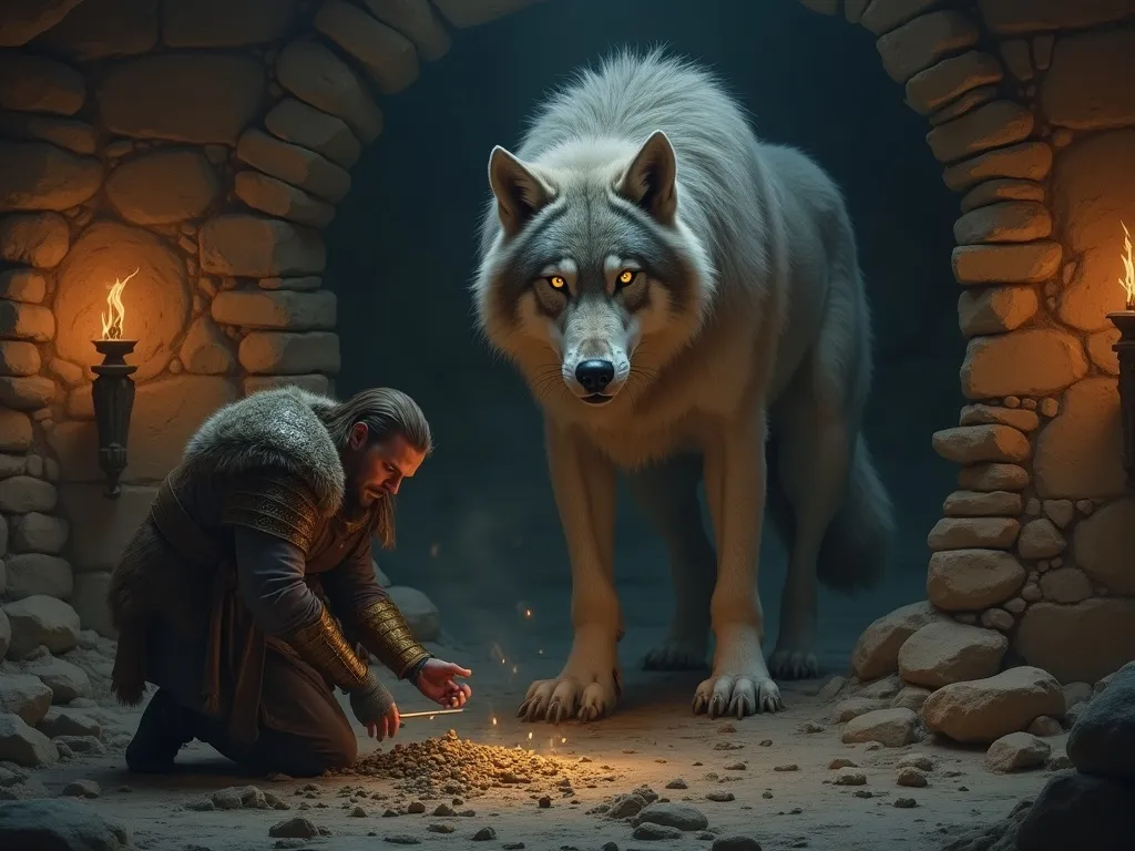 Tyr feeding the young Fenrir in Asgard