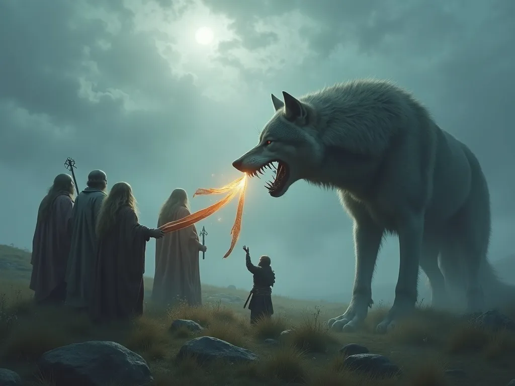 Tyr placing his hand in Fenrir's jaws during the binding with Gleipnir