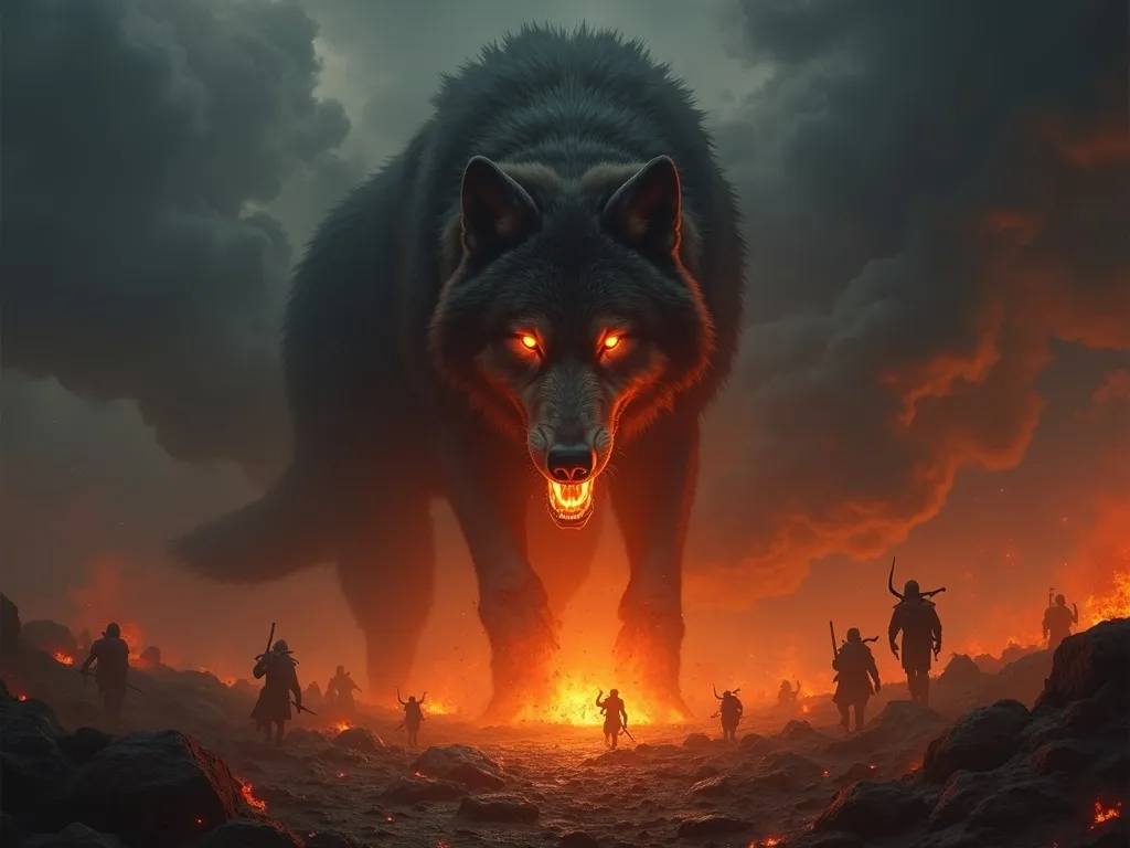 Fenrir at Ragnarok with jaws spanning sky and earth