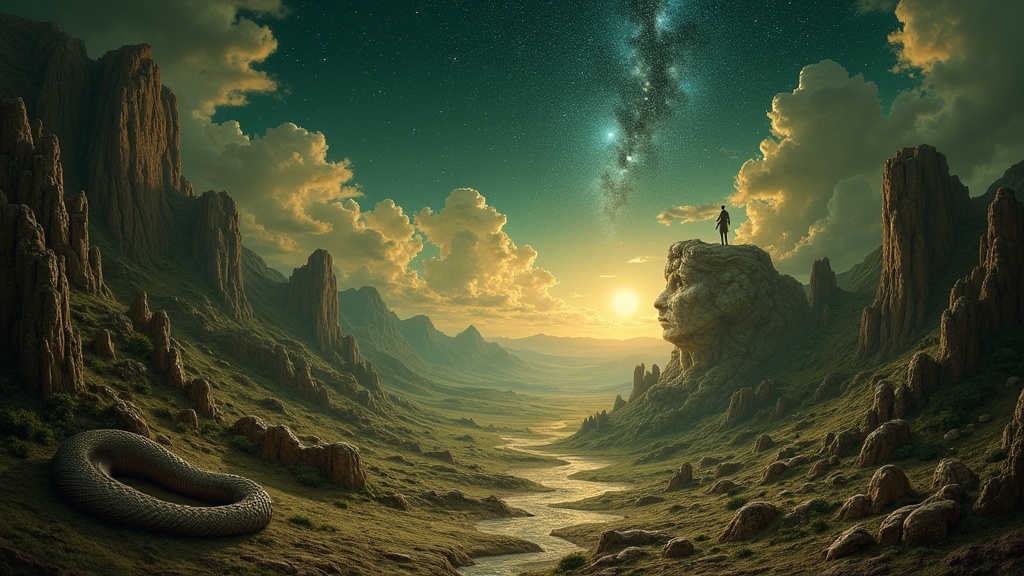 Gaia the primordial earth mother rising from the ancient ground beneath a newborn sky