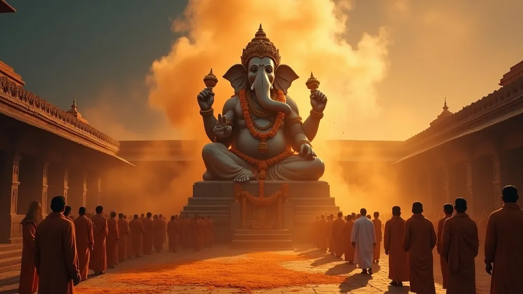 Colossal Ganesha statue at dawn in an ancient temple courtyard, draped in marigold garlands, devotees below