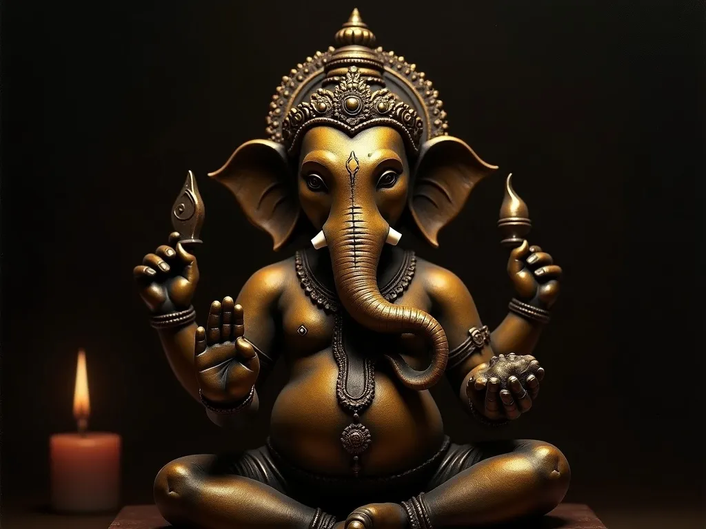 Ancient bronze Ganesha statue highlighting the broken tusk held in one hand