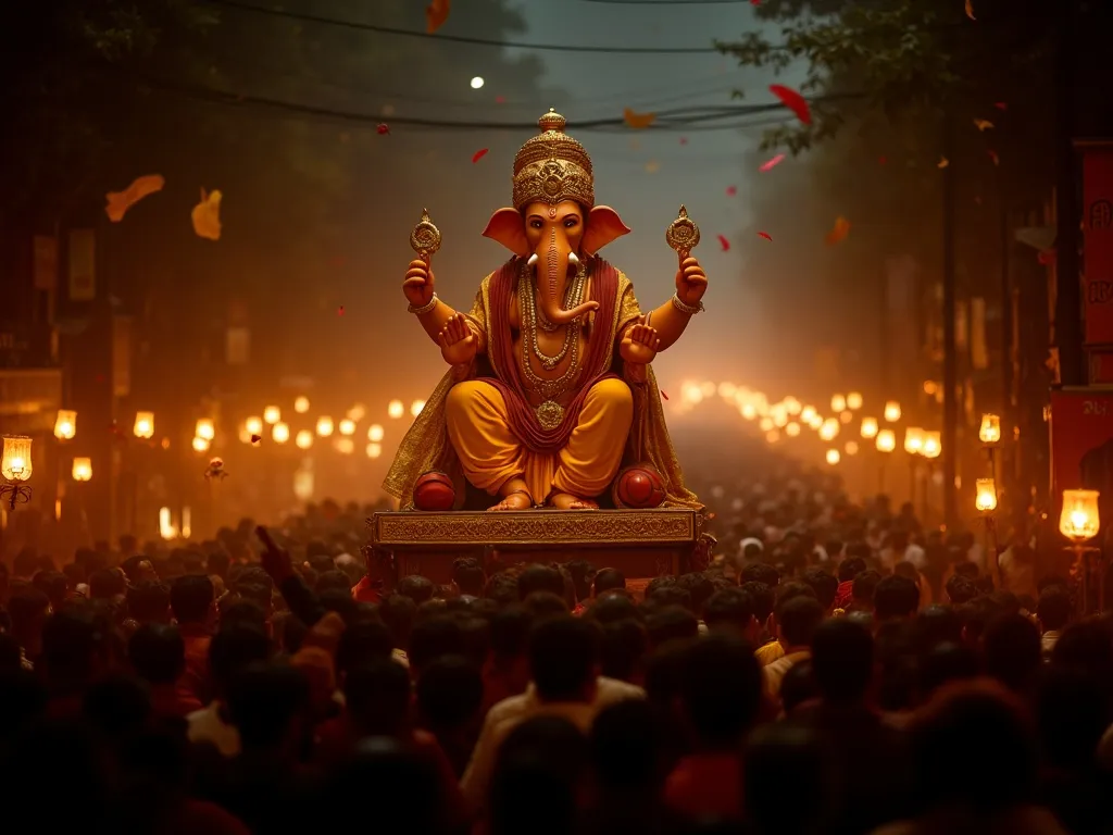 Enormous Ganesha idol carried through lantern-lit streets during Ganesh Chaturthi procession