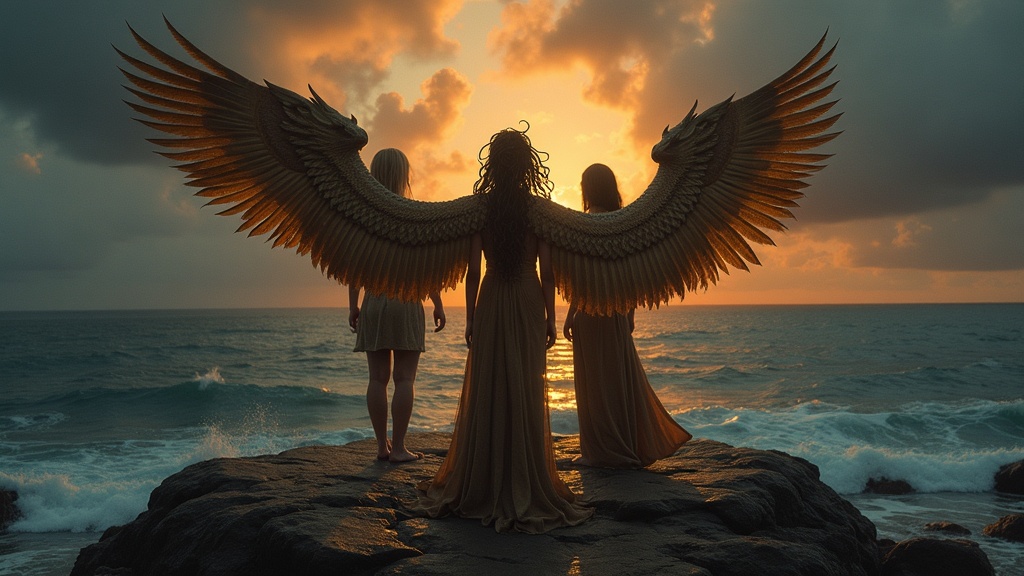 Three Gorgon sisters on a rocky cliff at the western edge of the world, serpent hair and bronze wings silhouetted against a dark sunset