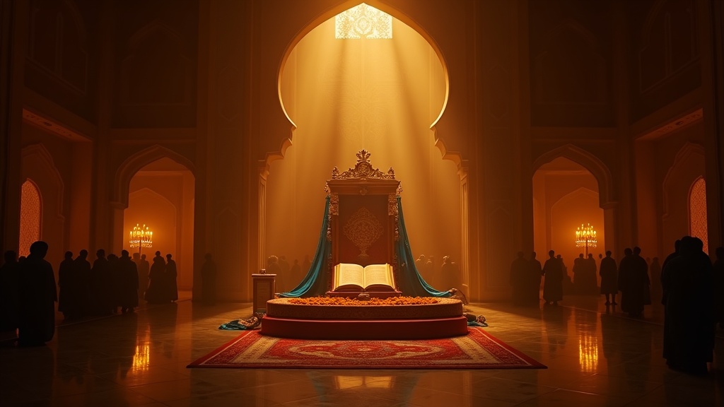 Interior of a Gurdwara at dawn with the Guru Granth Sahib resting on its throne in golden light