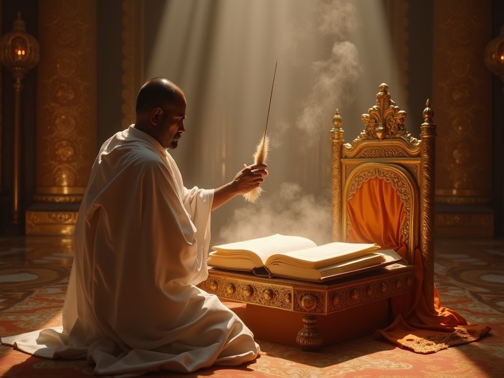 Devotee performing the chauri ceremony over the Guru Granth Sahib