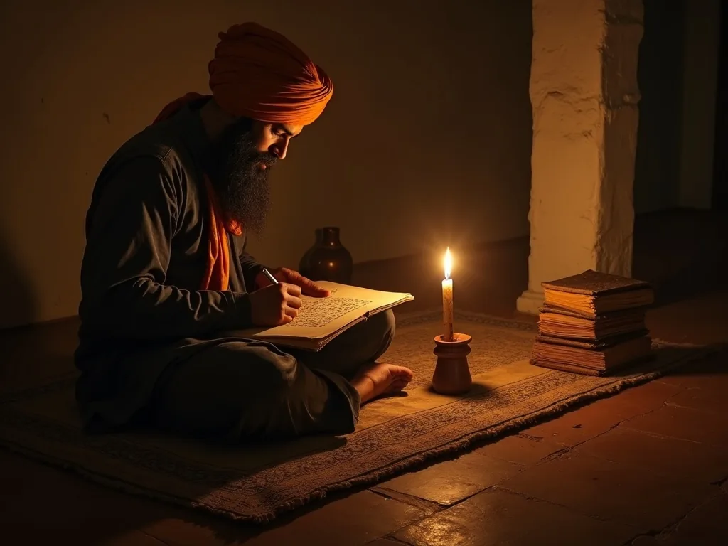 17th century Sikh scribe writing Gurmukhi manuscript by lamplight