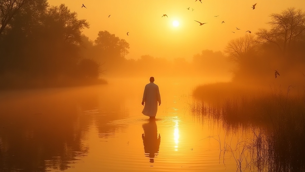 Guru Nanak standing in a glowing river at dawn in the Punjab