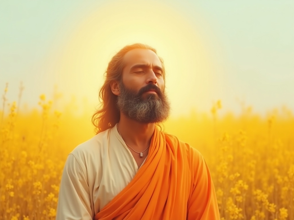 Devotional portrait of Guru Nanak in meditation surrounded by golden light