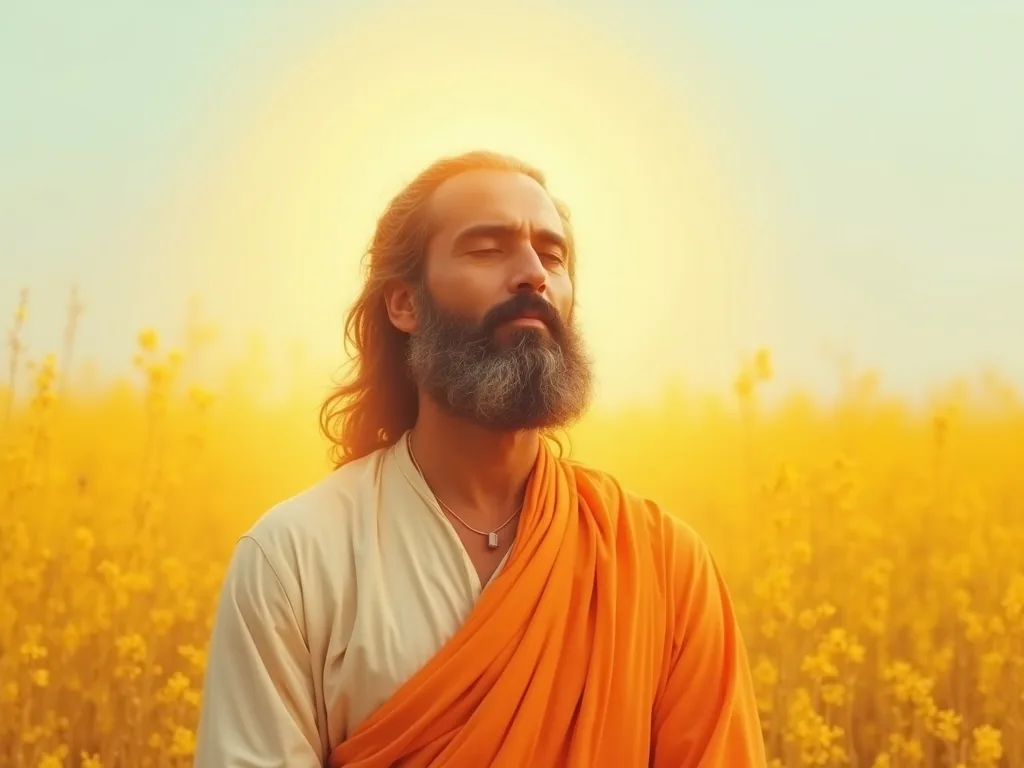 Devotional portrait of Guru Nanak in meditation surrounded by golden light